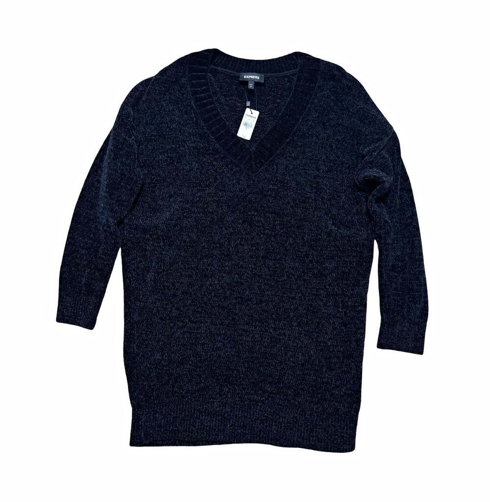 Express Womens Black V-Neck Knit Pullover Sweater Polyester Long Sleeve S